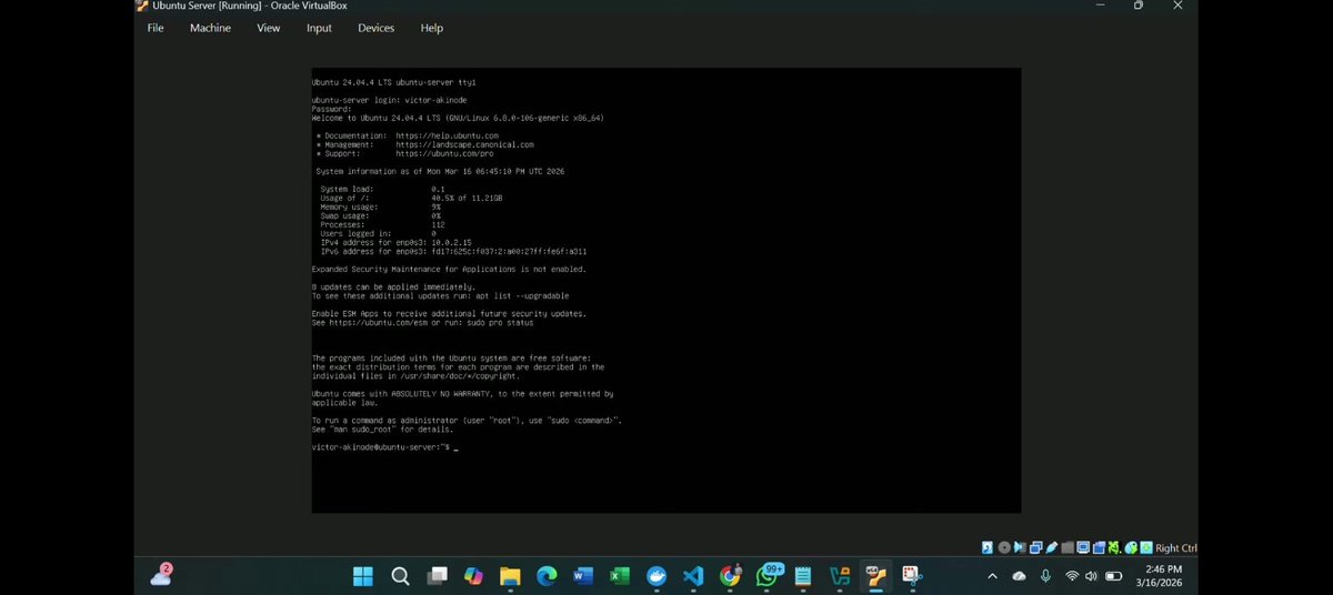 light_walker0l's tweet photo. Day 60/100 DaysOfCybersecurityChallenge
I Set up Ubuntu Server 24.04 LTS on Oracle VM VirtualBox.
📌 Lesson: Server environments are key to building real-world Linux and cybersecurity skills.
@VictorAkinode
@ireteeh
#CyberSecurity #Linux #DevOps #100DaysWithVA #100DaysWithVAI https://t.co/aJmDqe6lkV