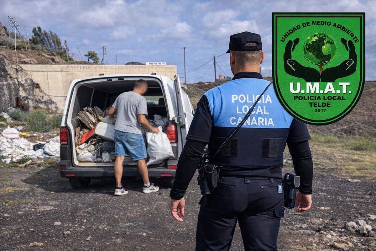 PoliciaTelde's tweet photo. 🚨 La Policía Local de Telde localiza al responsable de un vertido ilegal en Las Mesetas (El Espigón).

👮‍♂️ Tras la investigación de la UMAT, el implicado ha sido identificado y hoy ha retirado todos los residuos.

⚖️ Será denunciado.

🙏 Gracias a la colaboración ciudadana. https://t.co/95cyBDfKtK