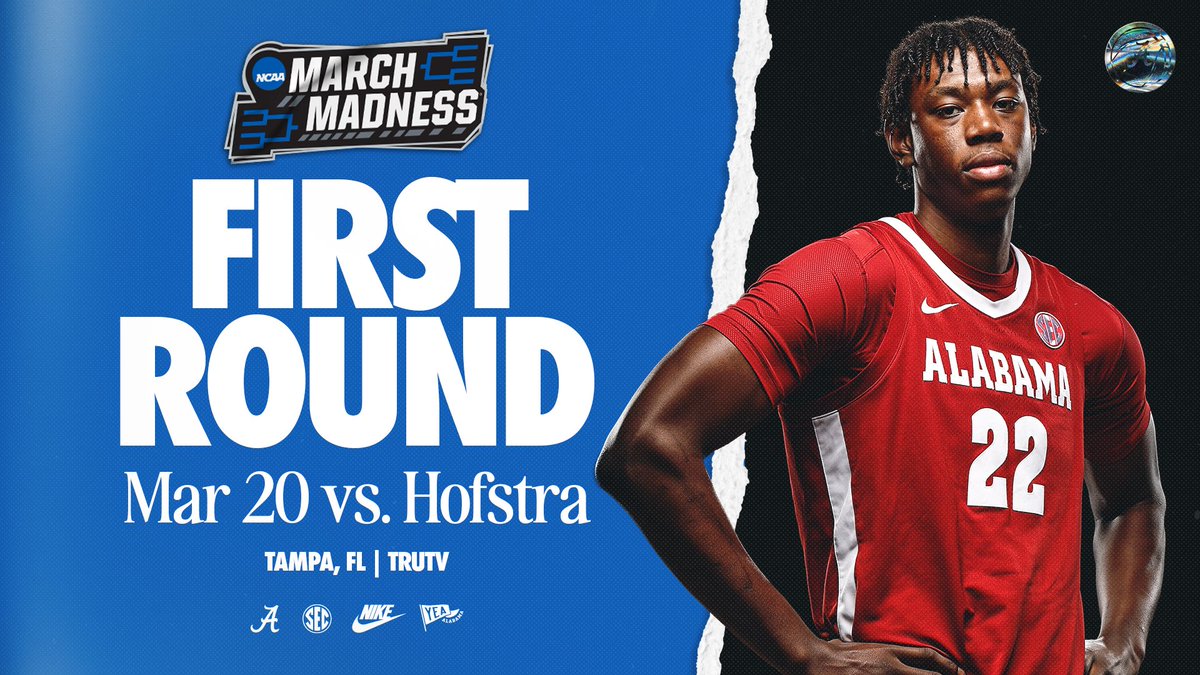 UA_Athletics's tweet photo. First round battle.

🆚 #13 Hofstra
📍 Benchmark International Arena
⏰ Friday, 2:15 PM CT
📺 TruTV

#RollTide | @AlabamaMBB https://t.co/BcmhHFB8jB