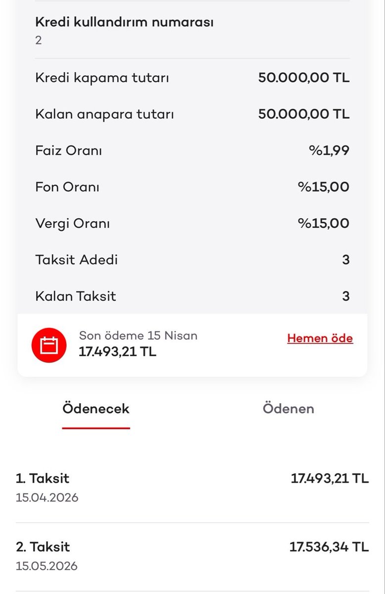krediadam's tweet photo. MEVCUT MÜŞTERİYE %1.99 FAİZLİ 50.000 TL KREDİ İLK TAKSİTİ 38 GÜN SONRA AYARLAYANLAR VAR.

Akbank'tan 50.000 TL %1.99 Faizli 3 ay vadeli arti para (KMH) kampanyası 

Kredi Tutarı : 50.000 TL 

Faiz Oranı : %1.99

Kredi Vadesi : 3 AY

Aylık Taksit : 17.493,21 TL

Toplam Geri Ödeme : 52.479,63 TL

Başvurdunuz  mu ?
Kişiye özel olup umarım sizdede çıkar.
Takipçi arkadaşlar tarafından gönderilmiştir.
(Reklam ve işbirliği degildir)