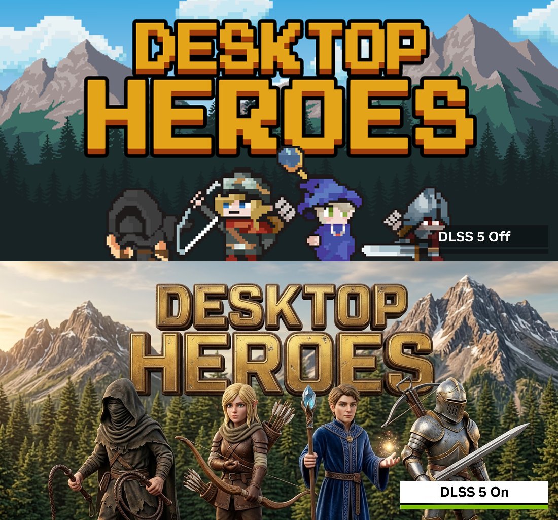 telazergames's tweet photo. DLSS 5 is coming to Desktop Heroes. 😂 https://t.co/4akcRJnvhq