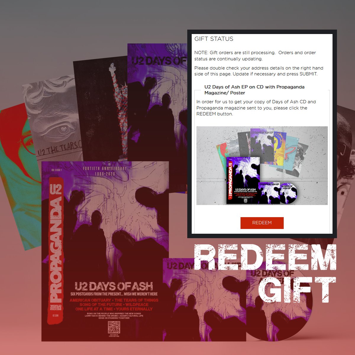 u2songs's tweet image. You can now redeem your #U2 2026 subscription gift if you have resubscribed for the 2026 offer. More on the process here: u2songs.com/news/redemptio…