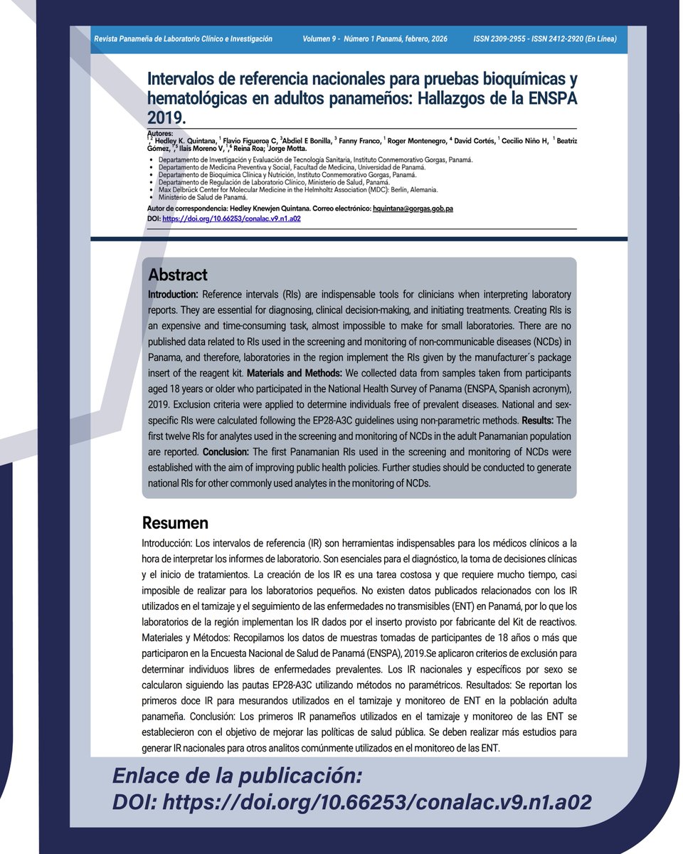 InstitutoGorgas's tweet photo. Los intervalos de referencia (IR) son herramientas esenciales para el diagnóstico, la toma de decisiones clínicas y el inicio de tratamiento de enfermedades no transmisibles (ENT).
La creación de los IR es una tarea costosa y que requiere muchos recursos.
En Panamá, previo a este estudio , no existen datos publicados relacionados con los IR.
Se recopilaron muestras tomadas de participantes de 18 años o más de la Encuesta Nacional de Salud de Panamá (ENSPA), 2019.
Se establecen los primeros doce IR panameños. Se deben realizar más estudios para generar IR nacionales de otros analitos comúnmente utilizados en el monitoreo de las ENT.
https://t.co/119FRdswVA

#diagnóstico #monitoreo #enfermedadesnotransmisibles #investigacióncientífica