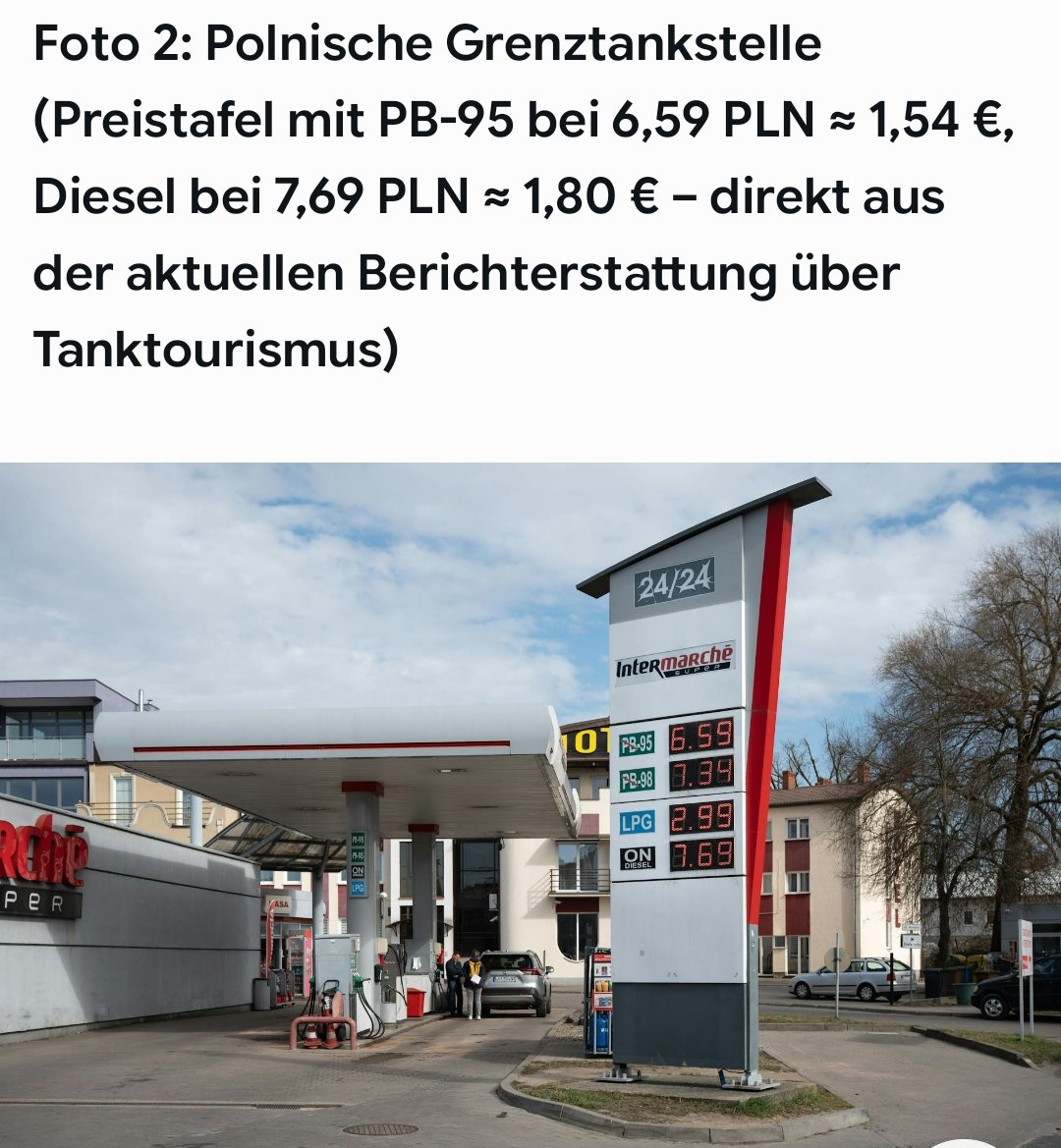 Gleicher Sprit aus Schwedt – aber in Schwedt teuer als im polnischen Krajnik Dolny!

Die PCK-Raffinerie Schwedt produziert das Benzin…
🇩🇪 Schwedt (DE): Super E10 = 2,05 €/L
🇵🇱 Krajnik Dolny (PL, direkt gegenüber): 1,65 €/L – und wird dort sogar als „Kraftstoff aus Schwedt“