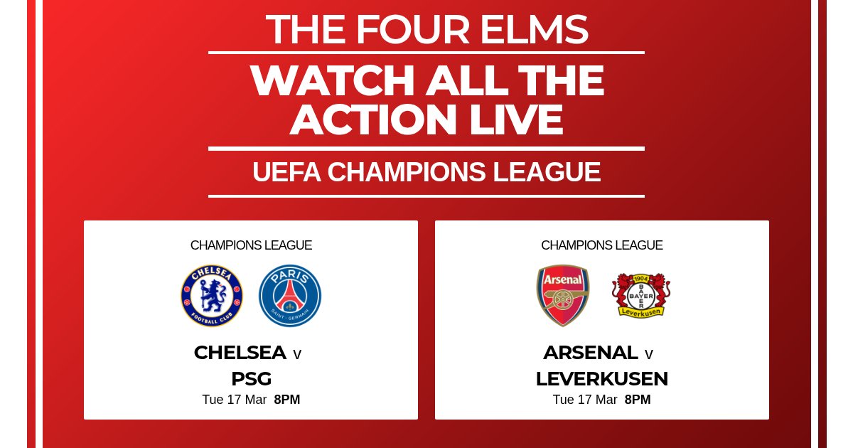 elmscardiff's tweet photo. Join us tonight for live Champions League 2nd leg on the big screens. Chelsea v PSG and Arsenal v Leverkusen at 8pm, plus Cardiff v Wycombe at 7:45pm! Any 2 fish &amp; chips for £14.99 🍟🐟⚽️ #ChampionsLeague #BigScreen #FootballNight #FishAndChips https://t.co/I7NiRanjDN