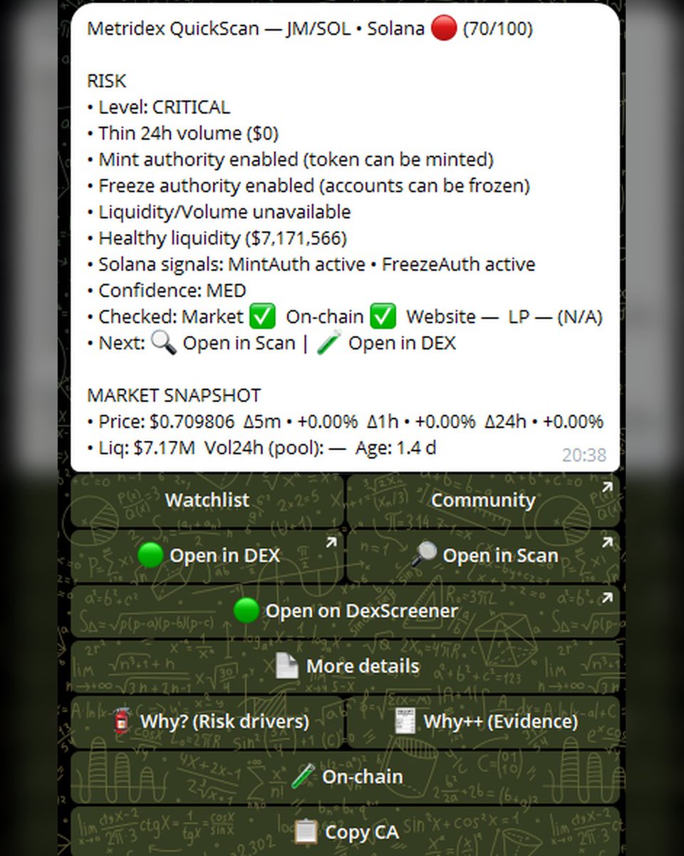 MetridexBot's tweet photo. CRITICAL Solana alert: JM/SOL scored 70/100 in Metridex QuickScan

Why it stands out:
• Thin 24h activity
• Mint authority still active
• Freeze authority still active
• Very new pair (~1.4d)
That combination sharply increases risk.
Do your homework before touching fresh pairs like this.
Scan first. Regret less. 🛡️
#Solana #Crypto #DeFi #Memecoin #DYOR #Web3 #Altcoins