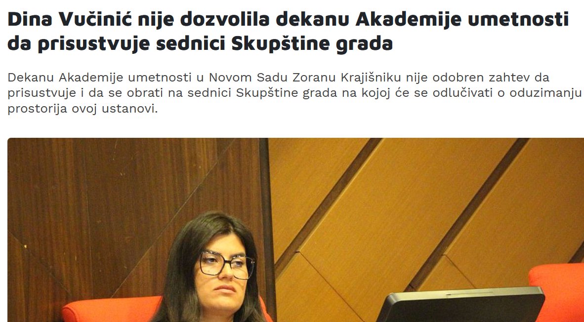 Dina Vučinić, predsednica Skupštine Grada Novog Sada, najpoznatija je po izjavama (kao komentar udruživanja opozicije u NS za lokalne izbore): "Udružili su se svi zajedno u jednu splačinu, nalik na onu koju  alkoholičar povrati posle teškog pijančenja od besomučnog mešanja