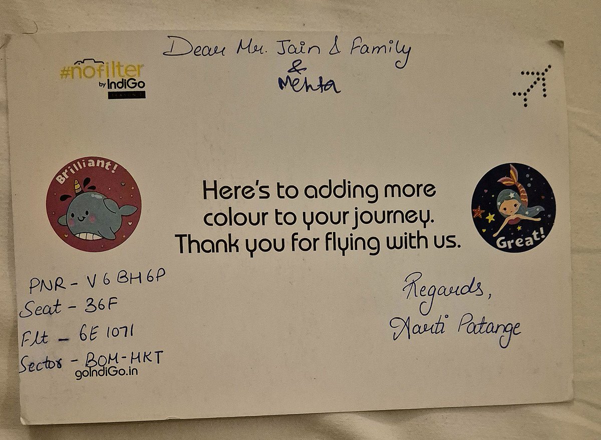 lov_pratik's tweet photo. Today travelled  @IndiGo6E (6E 1071) nd to my surprise my brother in law Rohit Punamiya was the Captain.
Air hostess Aarti Patange gifted lovely card nd souvenir to my kid.
It was a safe nd njoing journey.
Looking for more journey with indigo. https://t.co/2L0P4BJSY8