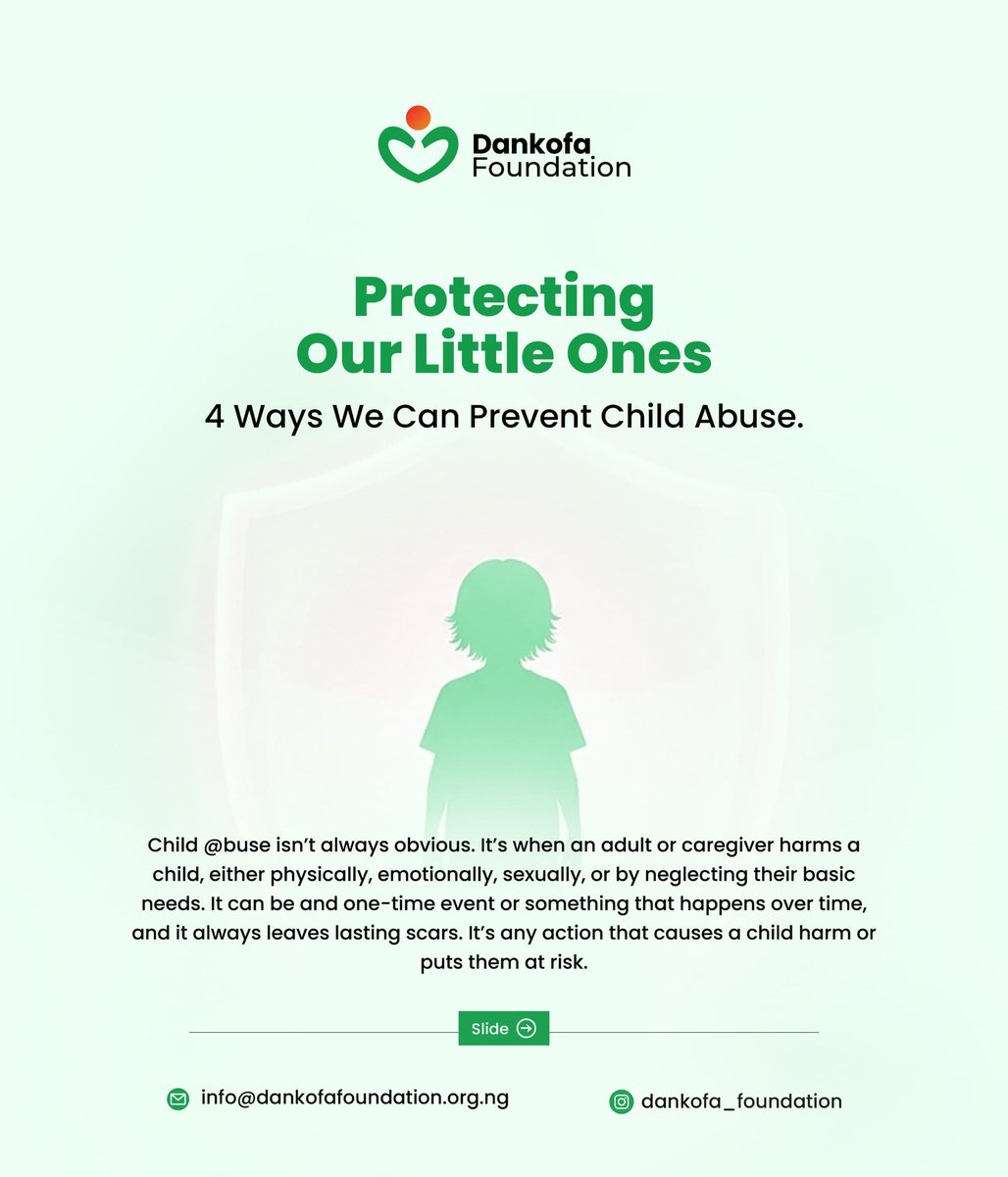 Dnkf_foundation's tweet photo. Every child deserves to laugh freely, play safely, and grow without fear.
But too many live in silence.
Child abuse is real and it's closer than we think.
Let's break the silence together. 
Swipe to learn how to prevent child abuse.

#ProtectOurChildren #dankofafoundation https://t.co/2hDqoOe84T
