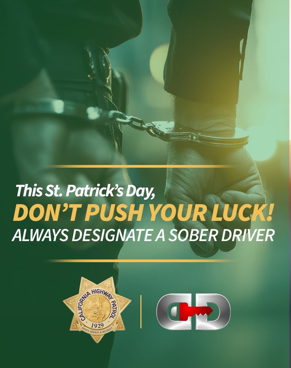 Feeling lucky this St. Patrick’s Day? 📷 Don’t push your luck on the road. If your celebration includes alcohol, plan ahead:
📷 Use a rideshare service or taxi
📷 Designate a sober driver
Impaired driving puts lives at risk. Celebrate responsibly and help keep everyone safe. #CHP