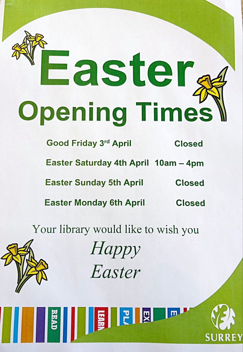 ByfleetLibrary's tweet photo. Here’s details on our Easter opening hours.. https://t.co/JxXGiNXiMR