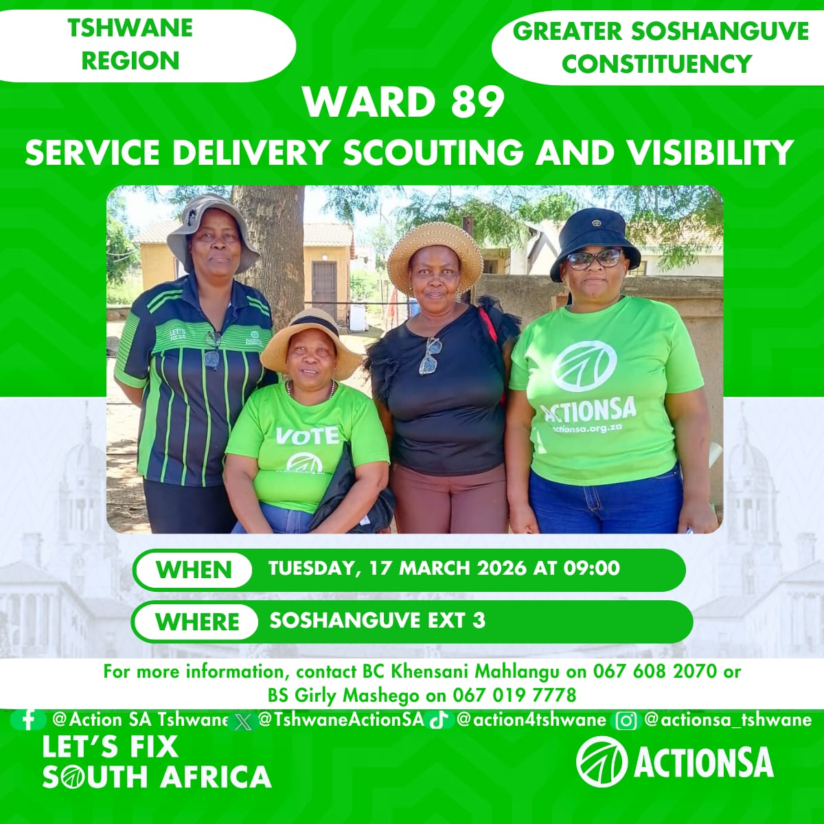 TshwaneActionsa's tweet photo. 💚 Soshanguve💚
People will feel safe in their homes, knowing that the root causes of crime are addressed and that the South African Police Service is capable of protecting them. Everyone will be treated equally before the law, and crimes will be prosecuted fairly.
#ActAsOne https://t.co/85KUOt6VhA