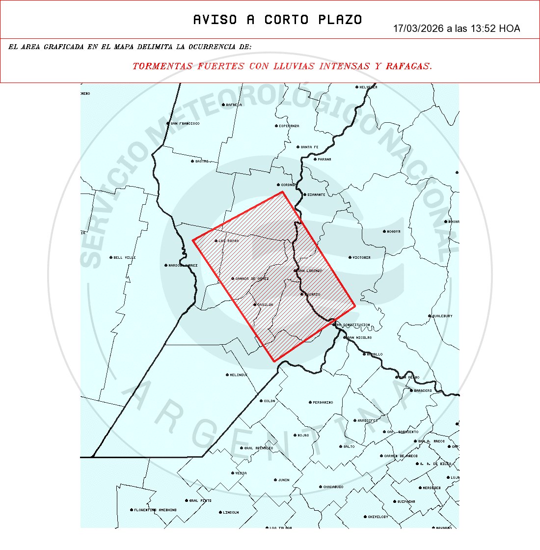 ⛈️⚠️ Alerta Meteorologico a Corto Plazo 

EMISIÓN: 17/03/2026 a las 13:52 Hs

POR OCURRENCIA DE:   
TORMENTAS FUERTES CON LLUVIAS INTENSAS Y RAFAGAS

AFECTANDO: 

SANTA FE: Belgrano - Caseros - Constitucion - Iriondo - Rosario - San Jeronimo - San Lorenzo - San Martin.