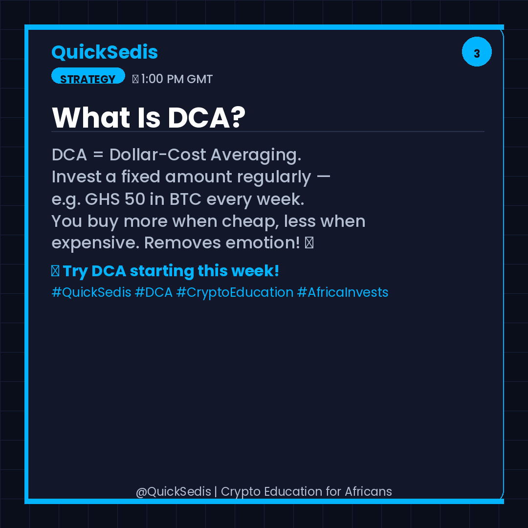 QuickSedis's tweet image. DCA = Dollar-Cost Averaging. Invest a fixed amount regularly — e.g. GHS 50 in BTC every week. You buy more when cheap, less when expensive. Removes emotion from investing! Try it this week.
#QuickSedis #DCA #CryptoEducation #AfricaInvests