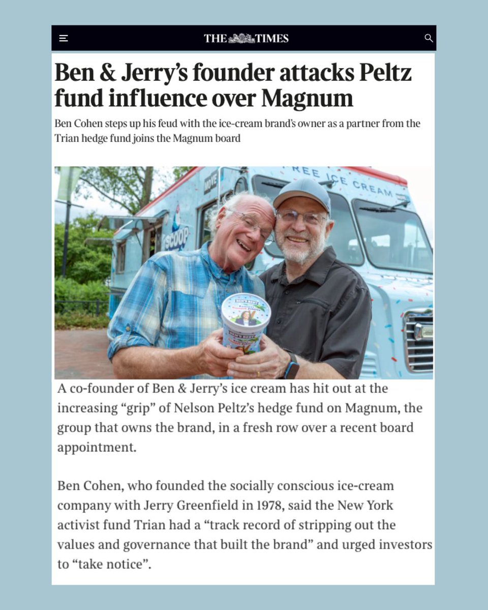 YoBenCohen's tweet photo. As Trian increases its grip on Magnum with a new non-executive director joining from a firm known for prioritizing  short-term gains and profit above all else, the independent board created to protect Ben & Jerry’s social mission has been systematically hollowed out. #FreeBenandJerrys

Read the full article here: https://t.co/LwtTAQnEFY