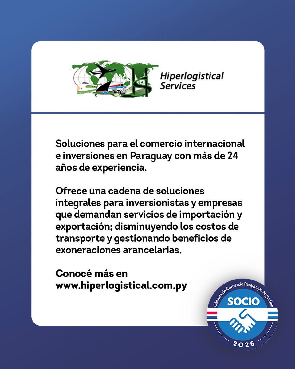 Conocé más sobre Hiperlogistical Service, uno de nuestros socios.

Asociate vos también en campyarg.org.py

#SocioCampyarg