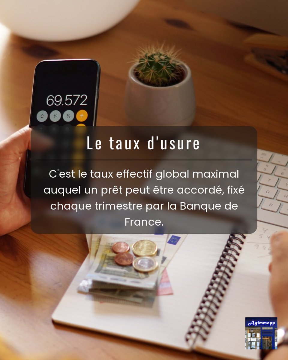 Agimmopp_'s tweet photo. Le taux de l'usure est un concept clé pour quiconque envisage de contracter un prêt. Mais de quoi s'agit-il exactement ? 🔍 Défini chaque trimestre par la Banque de France, le taux de l'usure est le taux effectif global maximal auquel un prêt peut être accordé. Cela (1/3) https://t.co/tiRT2R3FUv