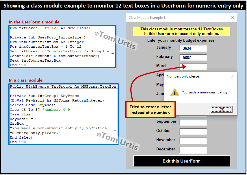 TomUrtis's tweet photo. Showing a class module example to monitor 12 text boxes in a UserForm for numeric entry only. https://t.co/d904vwKRvD