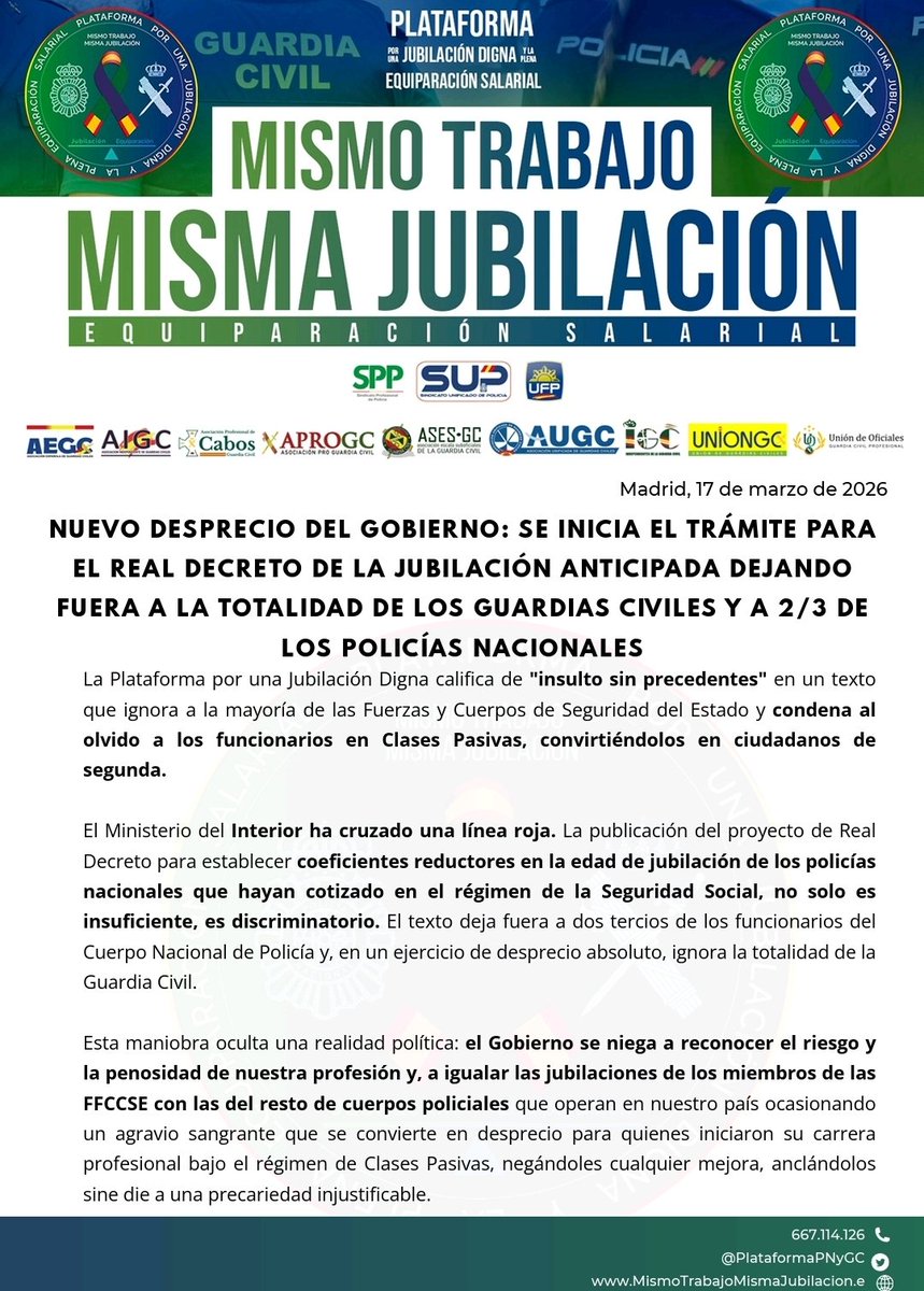 PlataformaPNyGC's tweet photo. Desprecio del Gobierno a policías y guardias civiles
Inician desarrollo de RD Jubilación anticipada dejando fuera a 2/3 de las plantillas
@PlataformaPNyGC exigimos que se incluya a todos los policías y guardias civiles en el RD
9/5 en la Almudena, de uniforme, sobran los motivos https://t.co/TYnFbni009