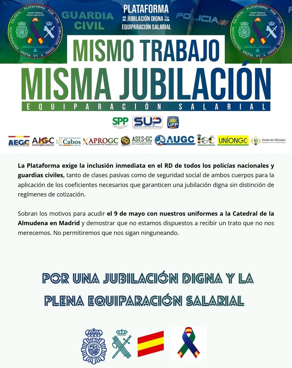 PlataformaPNyGC's tweet photo. Desprecio del Gobierno a policías y guardias civiles
Inician desarrollo de RD Jubilación anticipada dejando fuera a 2/3 de las plantillas
@PlataformaPNyGC exigimos que se incluya a todos los policías y guardias civiles en el RD
9/5 en la Almudena, de uniforme, sobran los motivos https://t.co/TYnFbni009