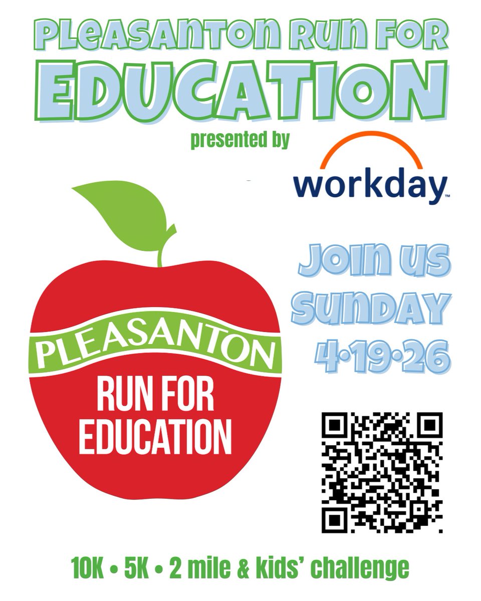 MarcelOrtho's tweet photo. 🏃‍♂️💨 Run for Education! 💡🎉

Lace up your sneakers and join us for a Fun Run to support students and learning in our community! Every step counts toward a brighter future.

📅 [April 19, 2026] | 
⏰ [8:00am first race starts] 
 📍 [ Pleasanton Middle School, Pleasanton, CA... https://t.co/W1LhIS1k8t