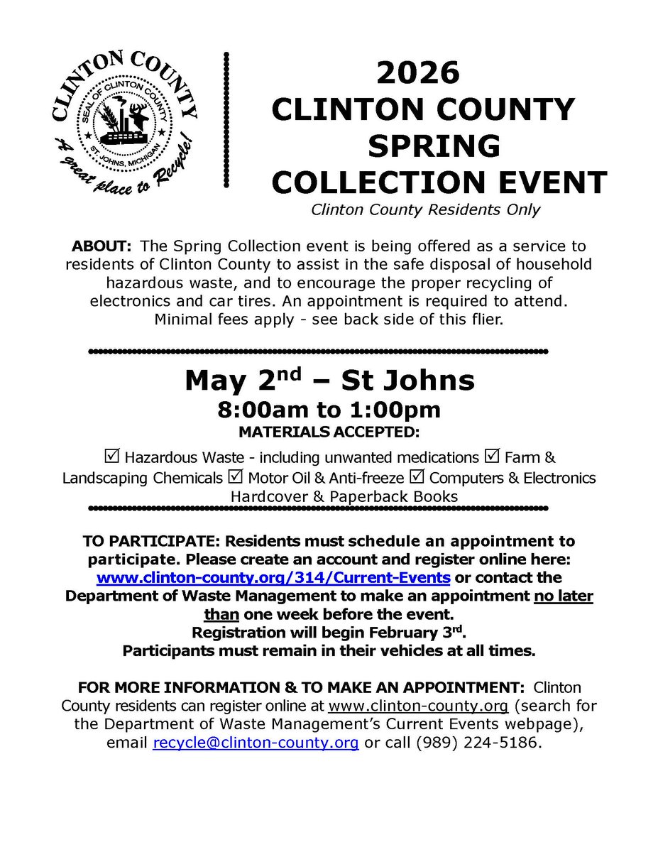 clintoncountymi's tweet photo. The Spring Collection Event is May 2nd .  If you need to set up an appointment, please create an account at this link https://t.co/zZGgG9WF9m and then register for your appointment time.  #ClintonCountyRecycles #RecycleMI https://t.co/xfFJS7s3Dq