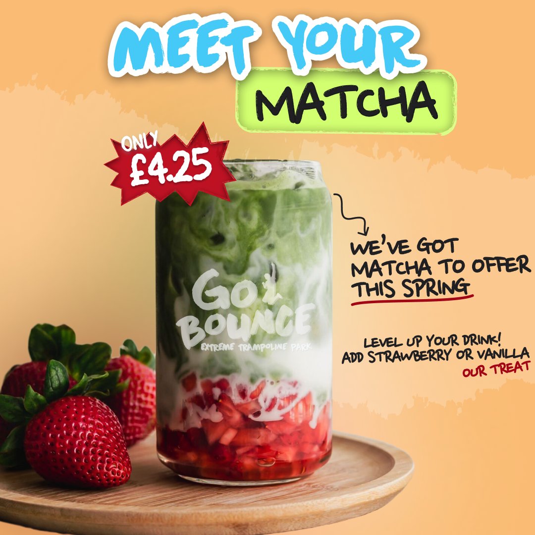 Okay but why is this the prettiest drink we've ever made🍵 

Introducing our spring matcha, ONLY £4.25 and you can add strawberry or vanilla syrup absolutely free🍓🌸 

Your post-bounce treat just got a serious glow up💚✨

#gobounce #matchavibes #springmenu #newdrink