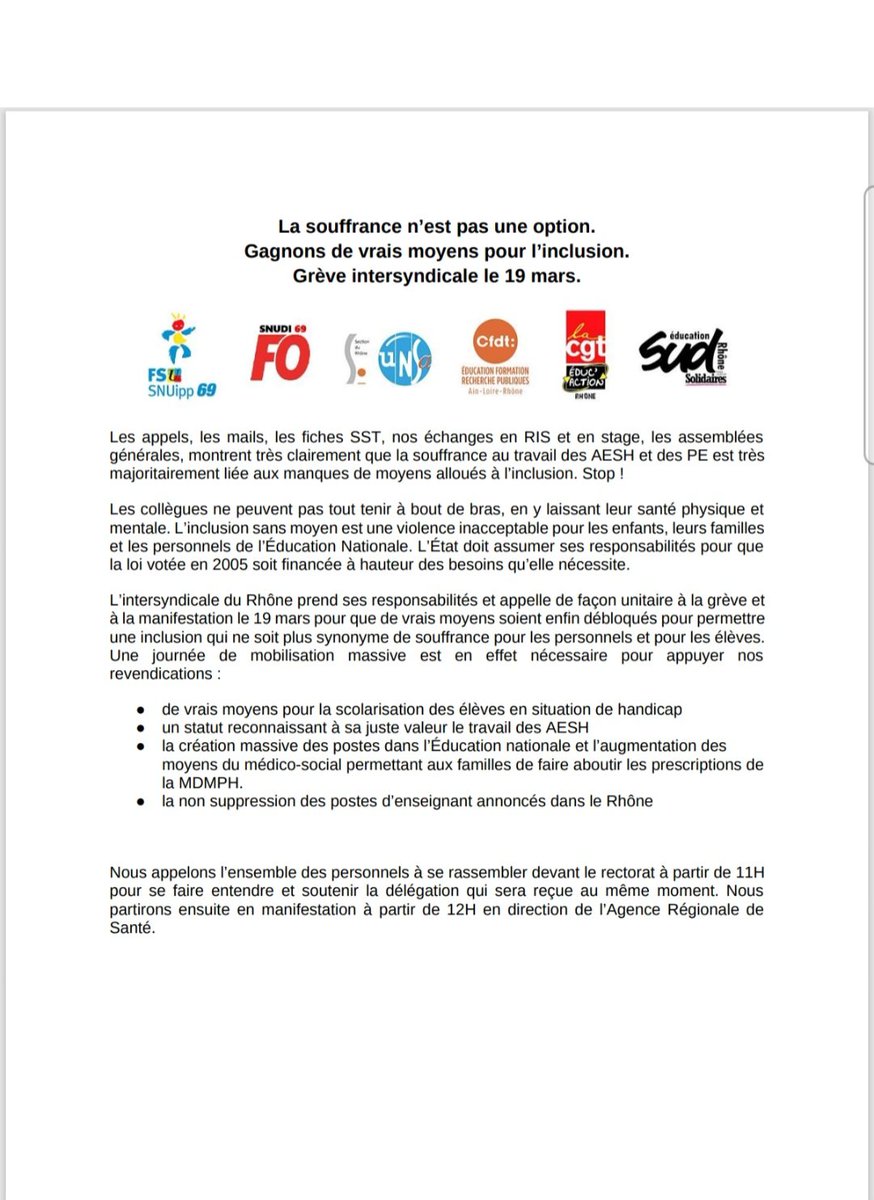 anneAESH's tweet image. LYON: Ce jeudi 19 mars : grève pour de vrais moyens pour l’inclusion ! La création d'un corps de métier statutaire #AESH !
#Parents #Enseignants #Handicap #Écoleinclusive
Venez nombreux. ses devant le rectorat à 11h00 puis en manif jusqu'à l' Agence Régionale de Santé !