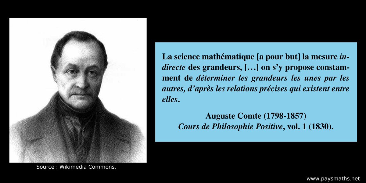 paysmaths's tweet image. "La science mathématique [a pour but] la mesure indirecte des grandeurs, [...] on s'y propose constamment de déterminer les grandeurs les unes par les autres, d'après les relations précises [...]" – Auguste Comte (1798-1857)
#citation #mathématiques #mesure #maths #math