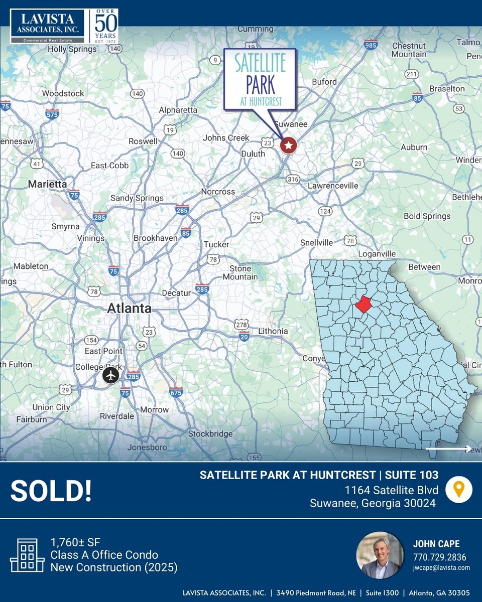 Sold!: Suite 103 at Satellite Park at Huntcrest

Congratulations to John Cape on another successful transaction.

This SF Class A New Construction office condo in Suwanee offered a move-in ready, first-generation space perfect for medical or professional office users. With its