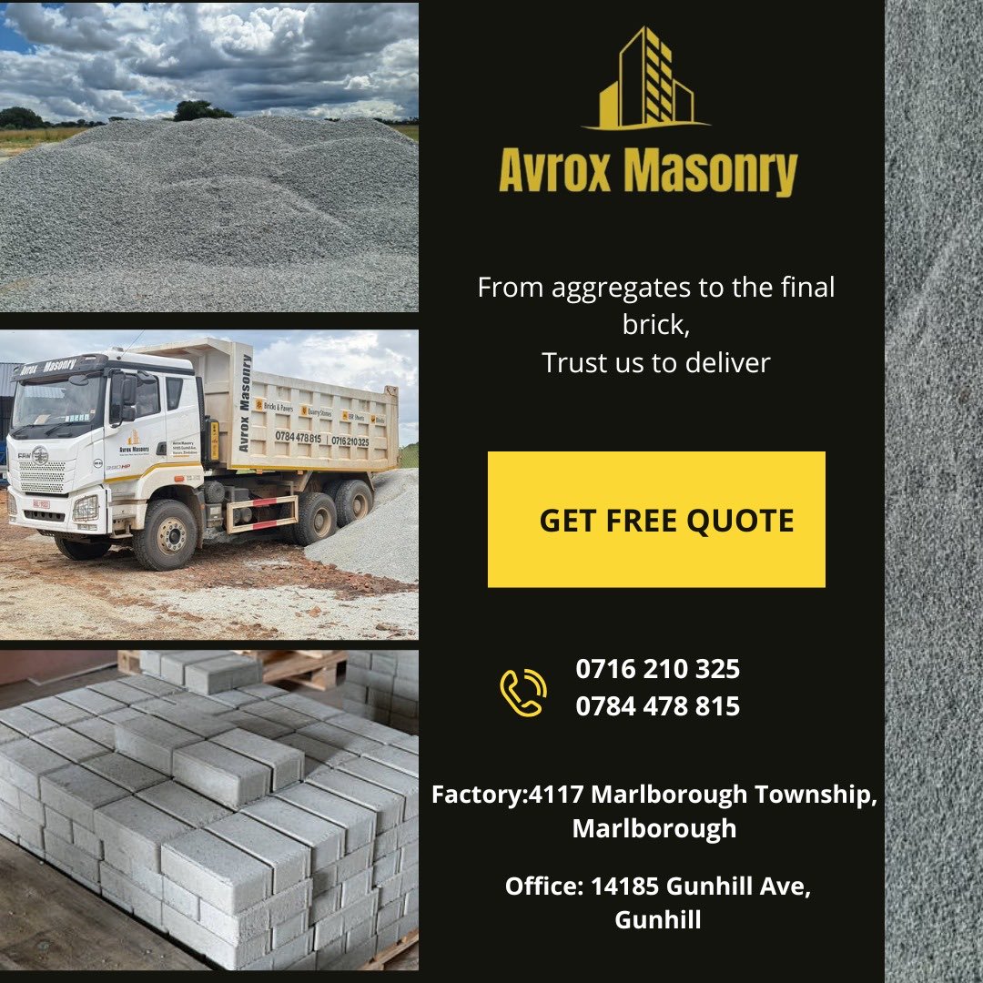 _sergiomoyo's tweet photo. 🧱 Build strong. Build smart with Avrox Masonry! Quality aggregates and durable bricks for every project.
📞 0716 210 325 | 0784 478 815
#AvroxMasonry #BuildWithQuality #ConstructionZimbabwe #StrongFoundations https://t.co/pxZW0d9pby