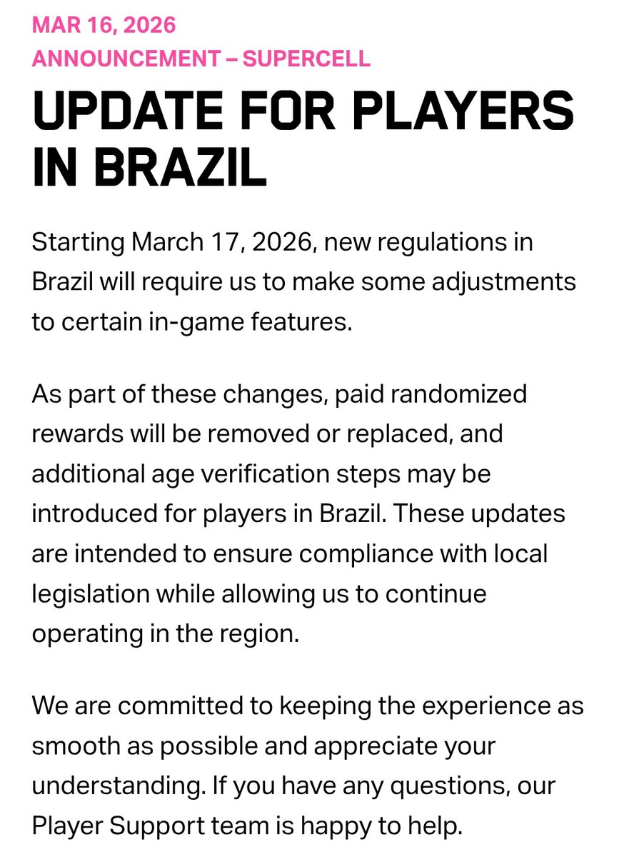 CandyNoticias's tweet photo. SUPERCELL acaba de comunicar cambios para los jugadores de Brasil 🇧🇷

Quitarán y reemplazaran todas las recompensas aleatorias de pago, y es posible que los jugadores brasileños deben verificar su edad para poder jugar

Información 🔗
https://t.co/dAQr6r0IDl https://t.co/wAyJQGBO3s