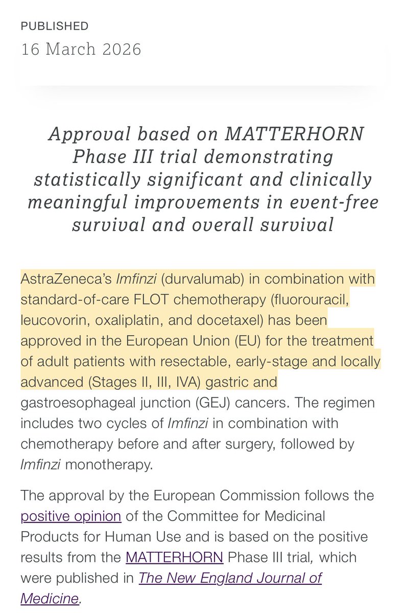DraMartinezLago's tweet photo. 🧬 Durvalumab (Imfinzi) approved in EU

📍 1st perioperative IO for resectable GC/GEJ (stage II–IVA)

💊 + FLOT ± surgery → durva maintenance

📊 Based on Ph III MATTERHORN (↑ EFS &amp; OS)

🔎 New SoC in early GC/GEJ

🔗 https://t.co/PO5hmOPurW
@OncoAlert @Larvol @GrupoTTD https://t.co/lAEaCLNS7j