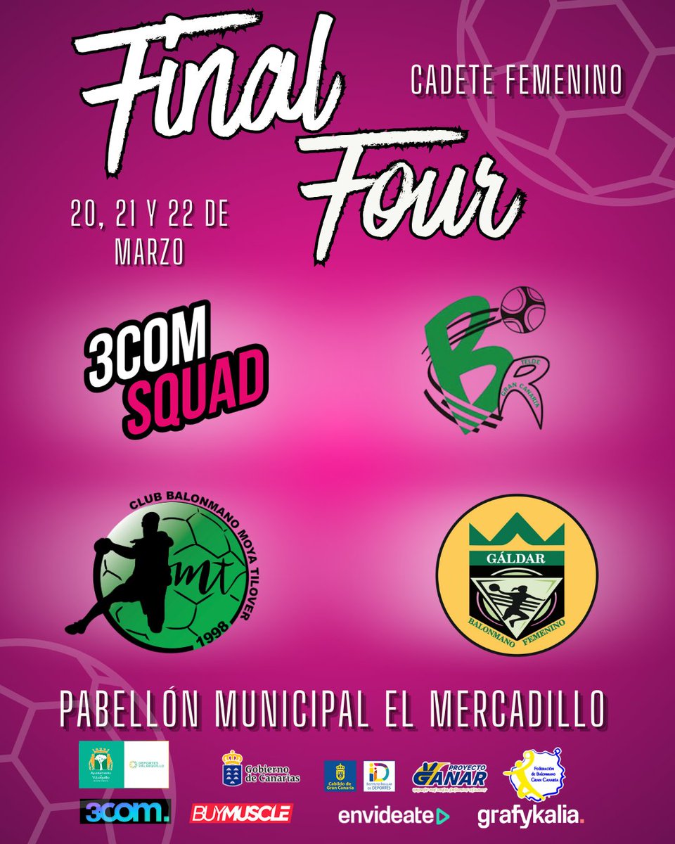 🔥 FINAL FOUR | Cadete Femenino
📍 Valsequillo, sede. El Mercadillo, escenario. La Marea Rosa, protagonista. 💗

📅 20·21·22 MAR
🏆 3COM Squad 🆚 Rocasa · Moya Tilover · Gáldar
🎟️ 3 días · 4 equipos · 1 título
📣 Les necesitamos en la grada.

#3COMSquad #MareaRosa  #Valsequillo