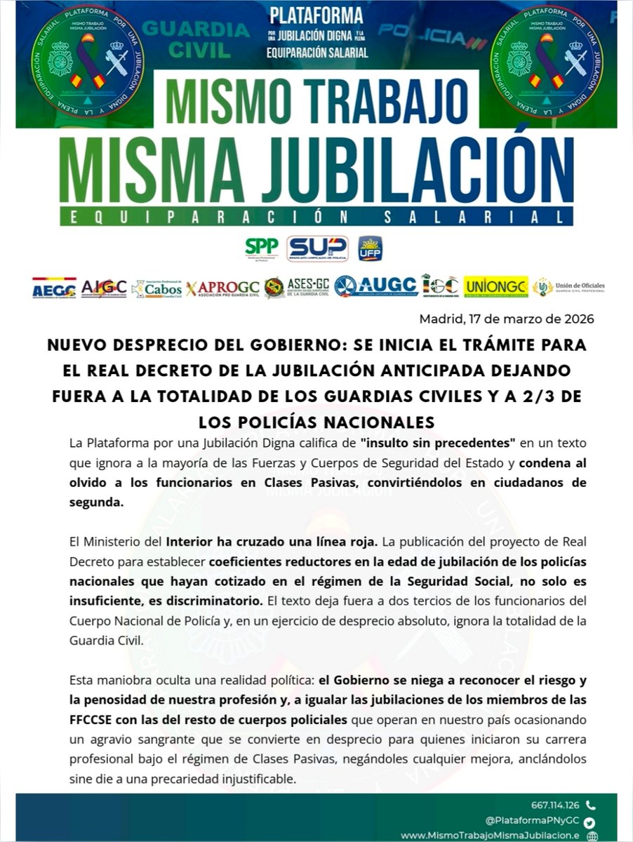 Sup_Policia's tweet photo. Nuevo desprecio del Gobierno a policías y guardias civiles:
Se inician los tramites para el desarrollo del RD de la Jubilación anticipada dejando fuera a 2/3 de las plantillas
Es un agravio sangrante y desde la Plataforma por la Jubilación Digna y la Plena Equiparación Salarial exigimos que se incluyan a todos los policías y guardias civiles en el RD.
Ven el 9/5 a la Almudena, de uniforme, sobran los motivos