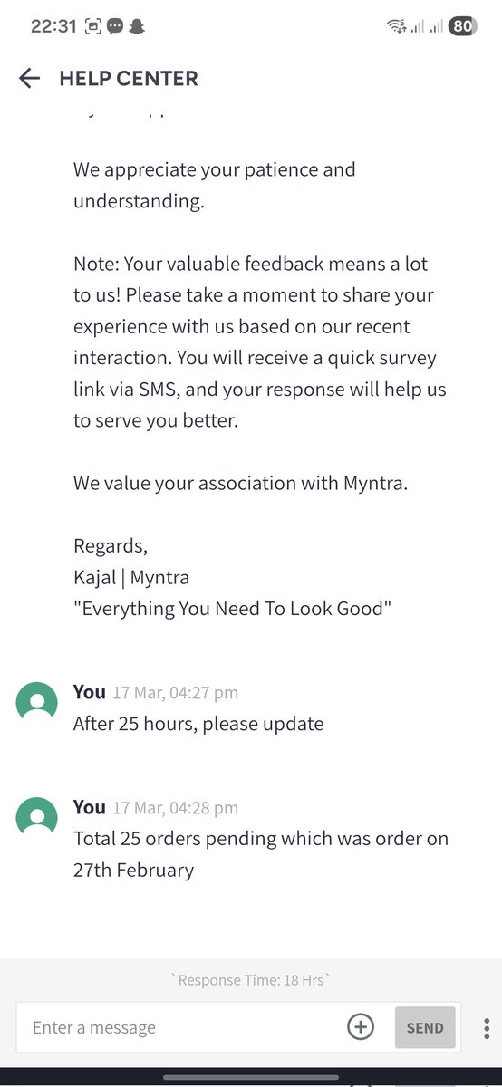 cs_raviranjan's tweet photo. @MyntraSupport @jagograhakjago @CimGOI 
Order on 27th February and delivery time 5th march still not get anything from @myntra attached screenshot from myntra support team chat. https://t.co/38WO1qCDEK