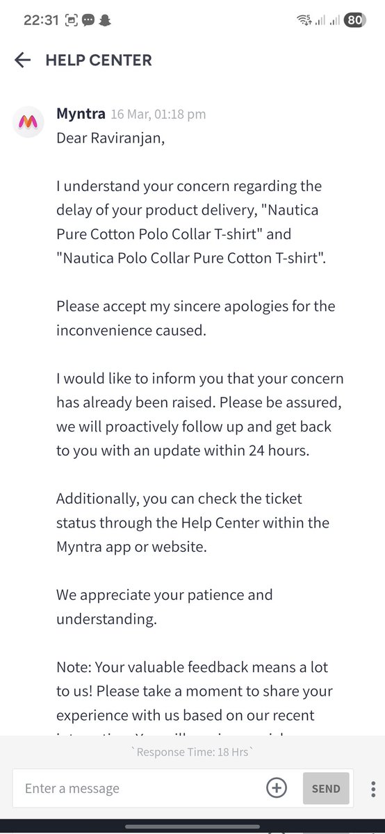 cs_raviranjan's tweet photo. @MyntraSupport @jagograhakjago @CimGOI 
Order on 27th February and delivery time 5th march still not get anything from @myntra attached screenshot from myntra support team chat. https://t.co/38WO1qCDEK