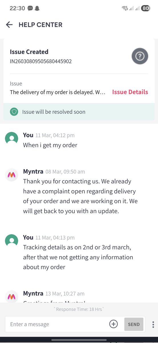 cs_raviranjan's tweet photo. @MyntraSupport @jagograhakjago @CimGOI 
Order on 27th February and delivery time 5th march still not get anything from @myntra attached screenshot from myntra support team chat. https://t.co/38WO1qCDEK