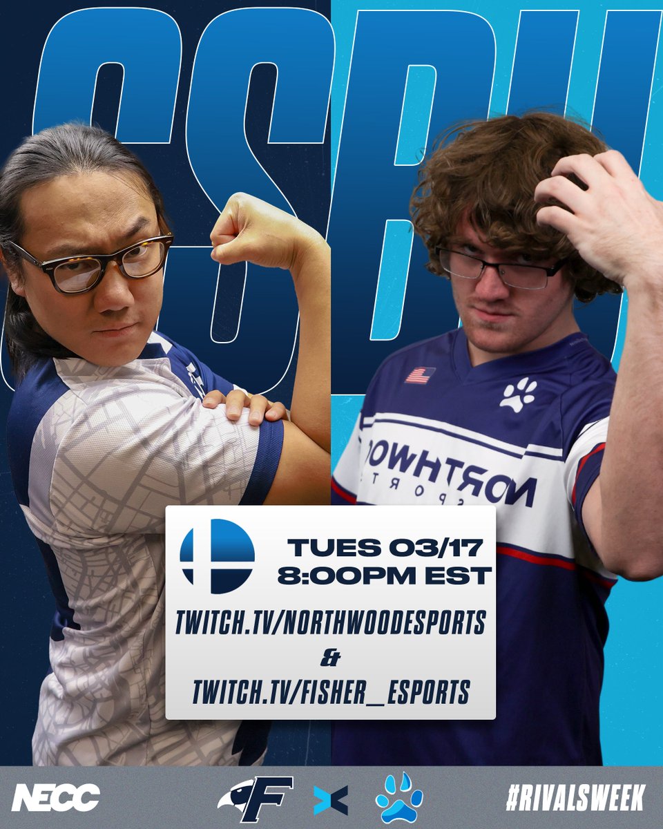 Fisher_Esports's tweet image. A True Clash of the Collegiate Titans! 👑

Fisher SSBU face off against @NorthwoodEsport SSBU tonight in @neccgames Division 1 Crew Battles ⚔️

Northwood is up 1-0 over us in our #RivalsWeek. Lets see if we can tie it up!

#FisherWin🎣 | Links Below ⬇️