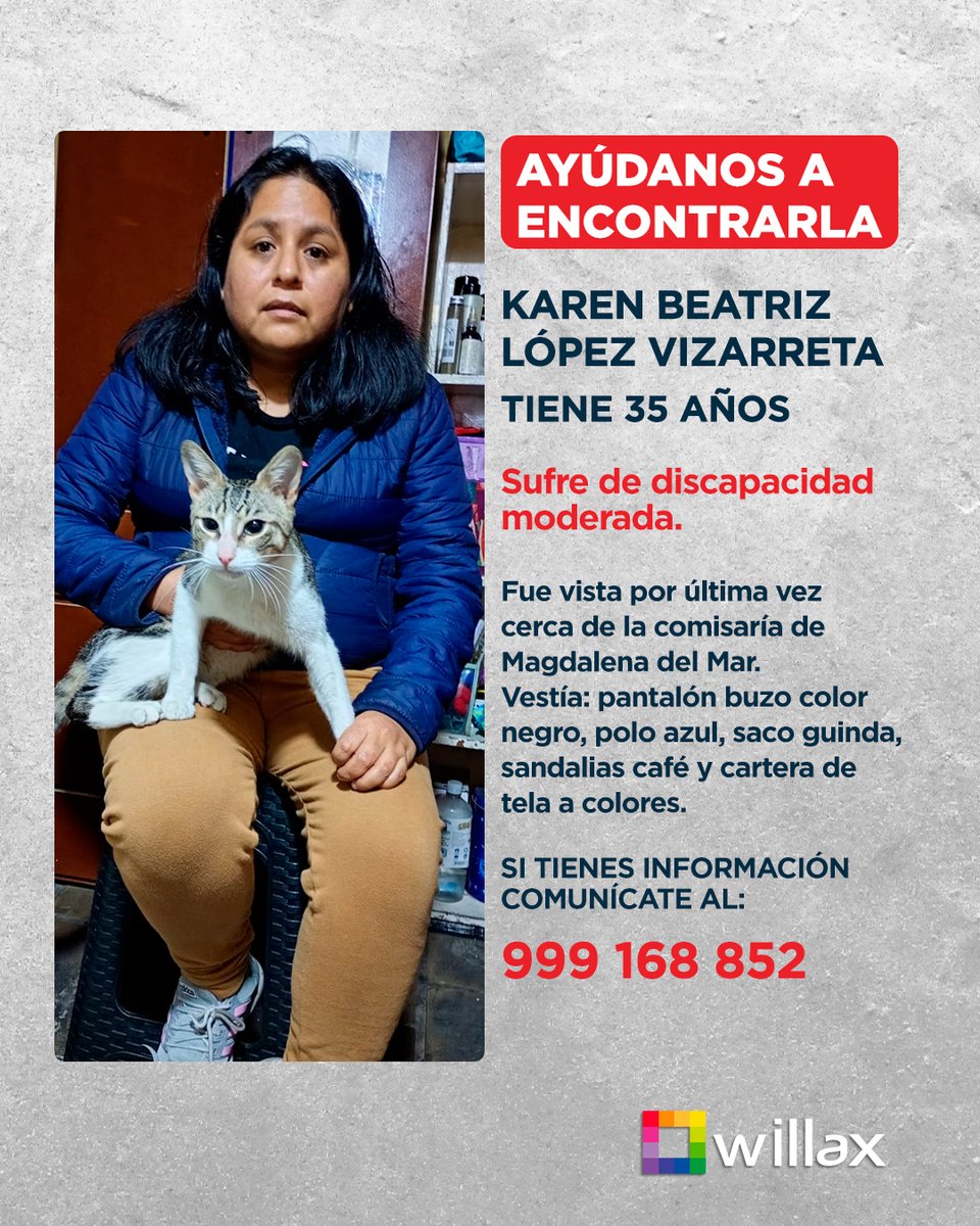 #SeBusca 🚨| Ayúdanos a encontrar a Karen Beatriz López Vizarreta, tiene 35 años de edad y sufre de discpacidad moderada. Fue vista por última vez cerca de las inmediaciones de la comisaría de Magdalena del Mar. 
Vestía: pantalón buzo color negro, polo azul, saco guinda,