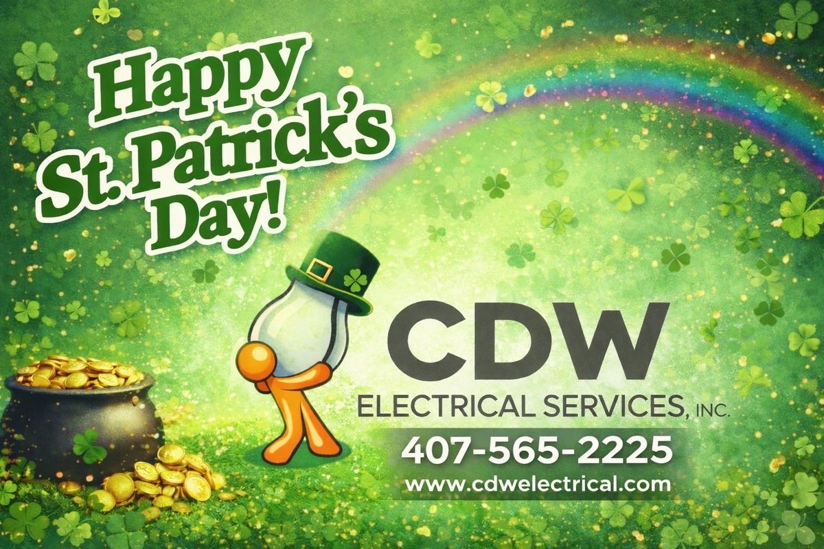 cdwelec's tweet photo. 🍀 Happy St. Patrick’s Day from CDW Electrical Services! 🍀

Feeling lucky? Make sure your home or business is powered safely and reliably! Whether you need upgrades, repairs, or new installations, our team is here to help Give us a call today at 📞 407-565-2225 https://t.co/OcgI41HRps