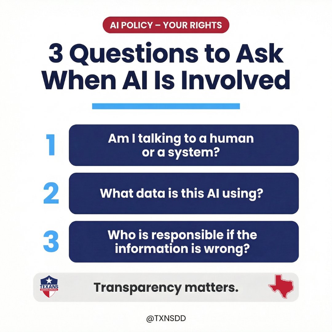 AI is everywhere—customer service, government sites, decisions.

Do people know when it’s AI?

Texas now requires disclosure.

Transparency = accountability.