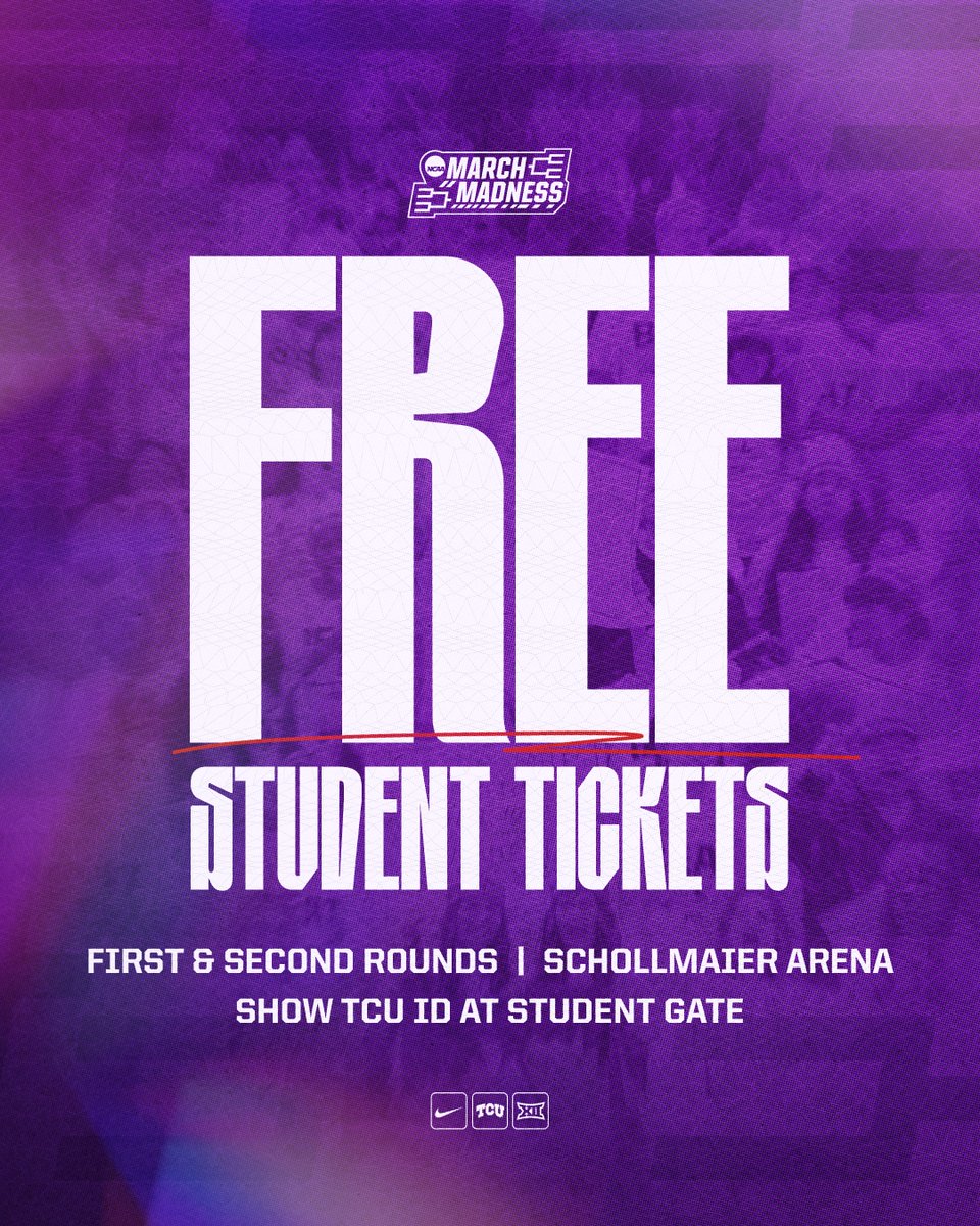 No excuses not to pack the place to the brim.

TCU students get in 𝙁𝙍𝙀𝙀 for both Friday and Sunday's NCAA Tournament games with a valid ID!

#GoFrogs | <a href="/TCUFrogArmy/">TCU Frog Army</a>