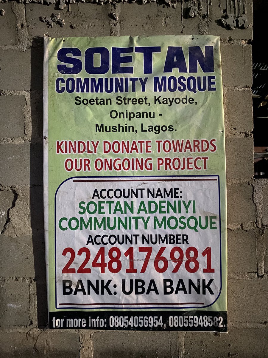 FISEBILILLAHI! Mosque support appeal. 

Soetan Community Mosque located at Soetan Street Onipanu-Lagos needs urgent intervention from the ummah. 

Needed items: Bags of cement (30 or more), Sharp sand, window frames, tiles, rugs, sound system, ceilings, electrical appliances. etc