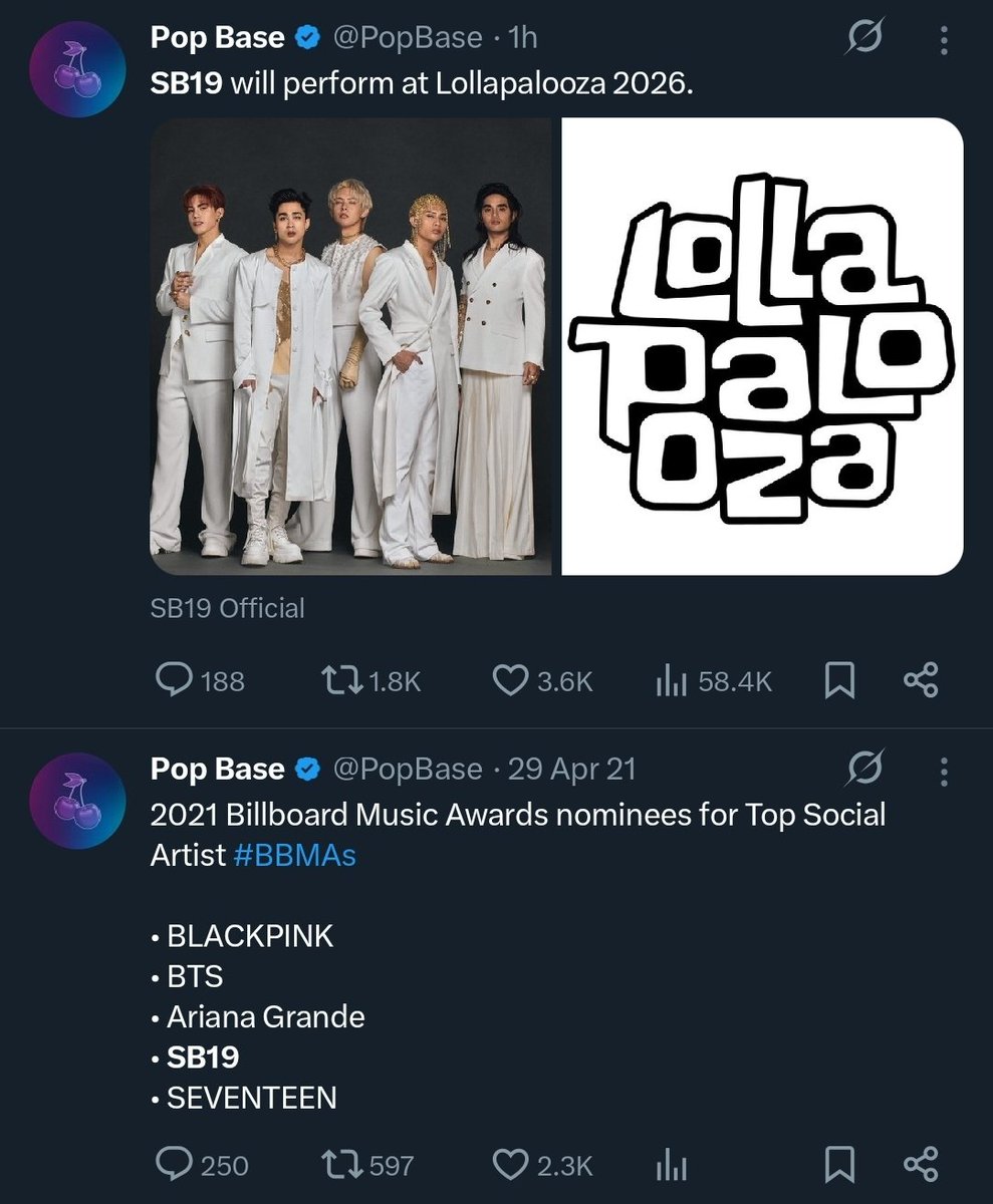 The last time popbase mentioned sb19 is back in 2021 😲 and now they posted a solo tweet for them performing on lolla. 🙂‍↕️