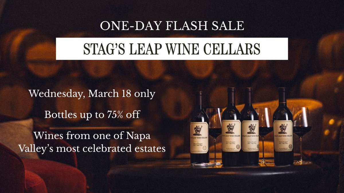 WTSO's tweet image. TOMORROW: Stag's Leap Wine Cellars Flash Sale⚡

Shop our site on 3/18 for 4 Library-Release Cabernet Sauvignon Flash Deals!

Mark your calendars and learn more about this one-day-only event --&amp;gt; wtso.com/blog/stags-lea…

#StagsLeap #StagsLeapWineCellars #FlashSale
