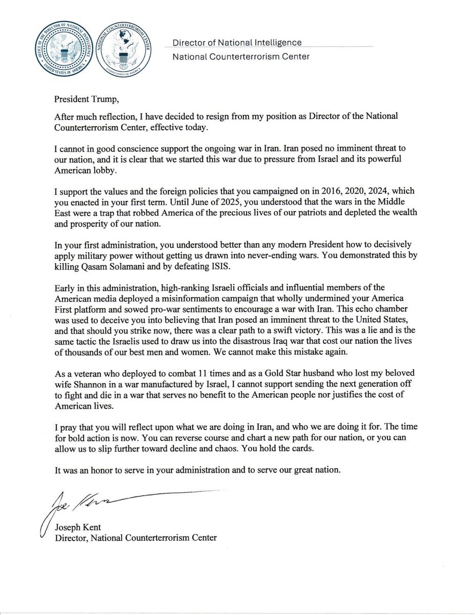 MokwalaNelson's tweet photo. Resignation of Joe kent in the US administration. The points made in the letter get one thinking hard.

As South African who experienced a big lie from the Trump administration about the white genocide taking place in SA and actions were taken based on that lie. Is Iran a lies? https://t.co/wYYR6Fr5vt