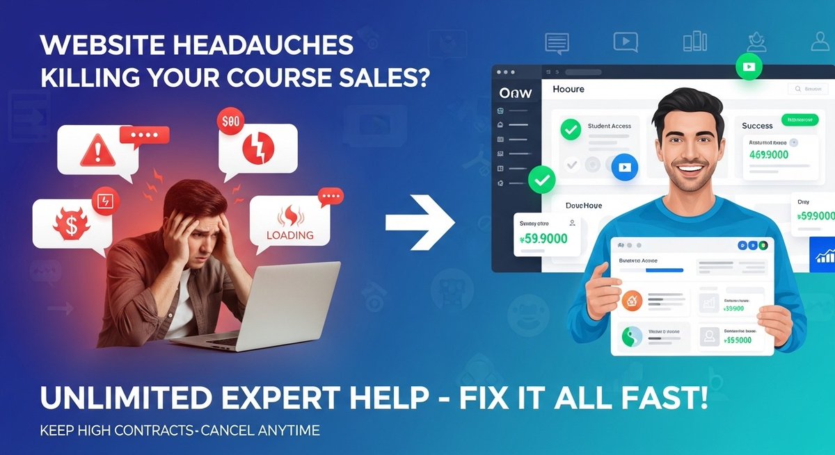 wprelieve's tweet photo. Website issues killing your course sales? 
Logins fail, pages crash, payments break costing you time &amp; money.

WP Relieve fixes it all fast (often within 24h).
No contracts. Cancel anytime.

Focus on teaching, not tech 

https://t.co/eTuhn98ssw https://t.co/auyoUpjUNk
