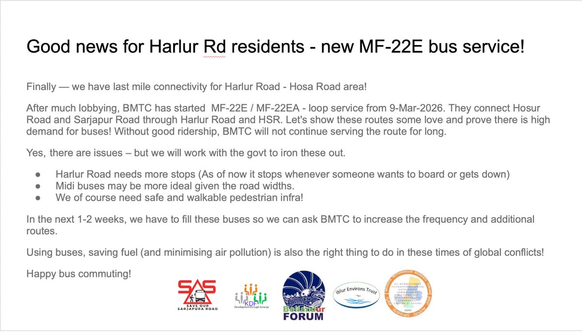 New MF-22E bus service for Harlur Road residents! 

#bengaluru #residents #busroutes #transport