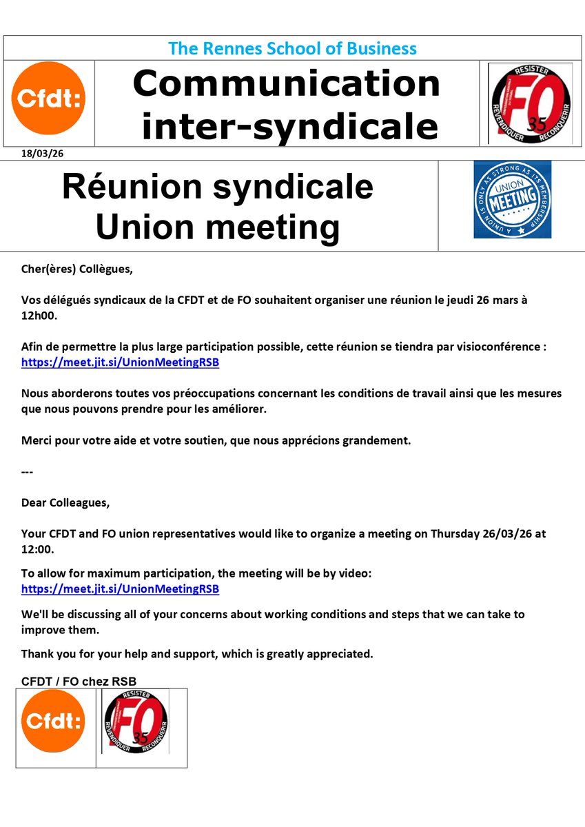 CfdtSb's tweet photo. Communication @CFDTSB @rennessb 18/03/2026:

Réunion syndicale / Union meeting

#rennessb #syndicat @cfdtrennes @cfdt

@cfdtbretagne @FepCFDT https://t.co/wE1vbfVmMb